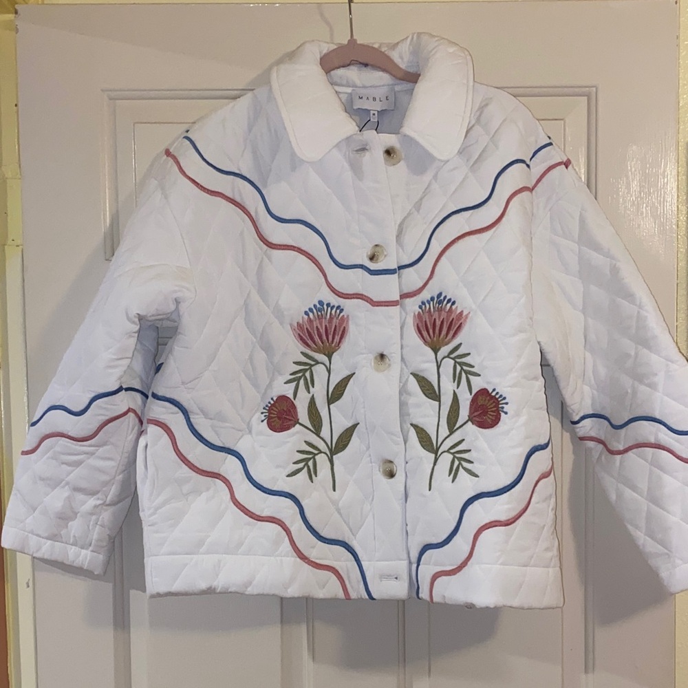 NWT MARBLE White Quilted Jacket with Floral Design, Size M